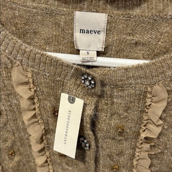 Maeve Embellished Tan Ruffle Button Cardigan - Picture 5 of 8